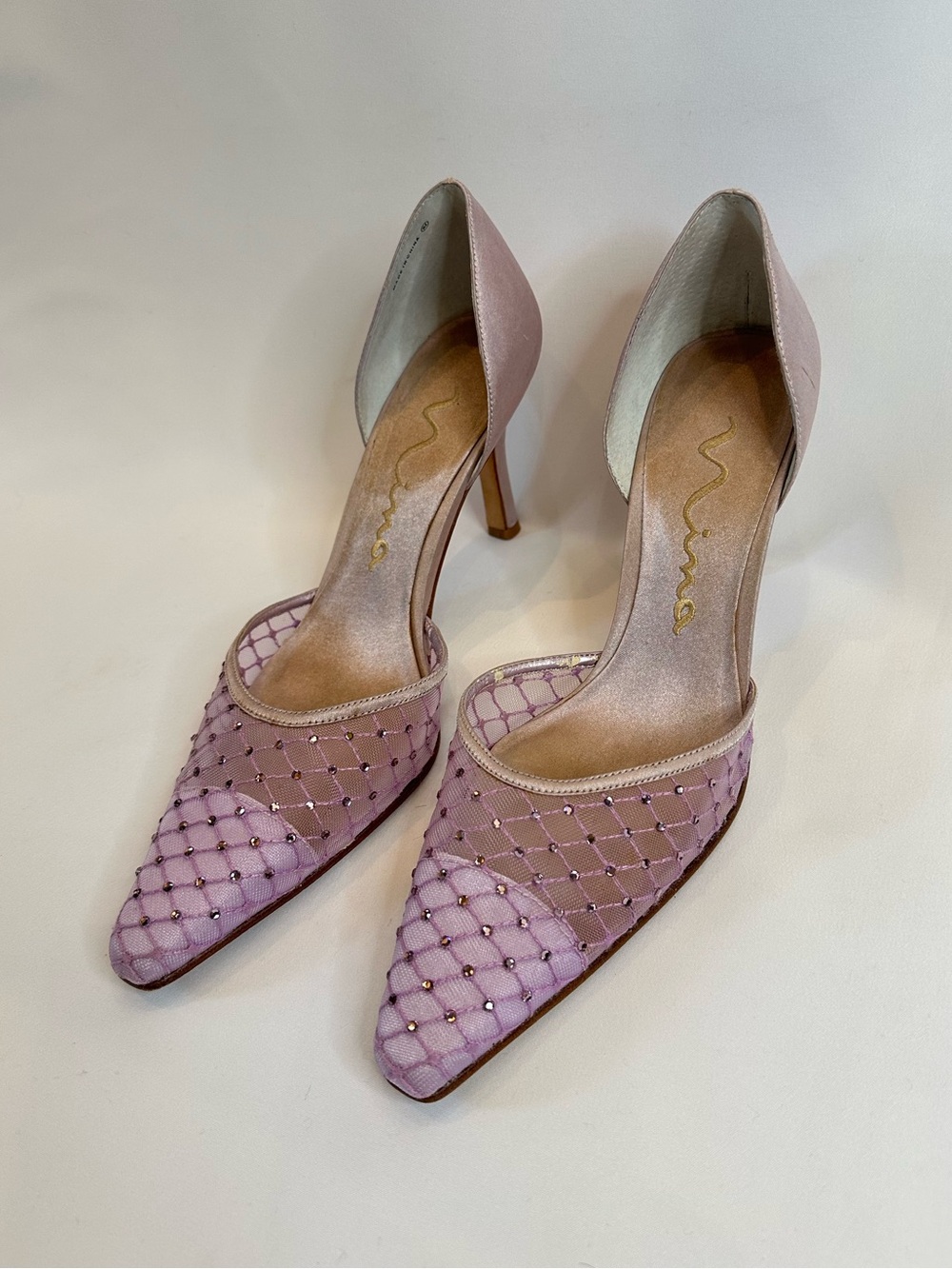 Nina Vintage Lavender Purple Mesh Pumps Rhinestone Pointed Toe D'Orsay Heels 7.5
